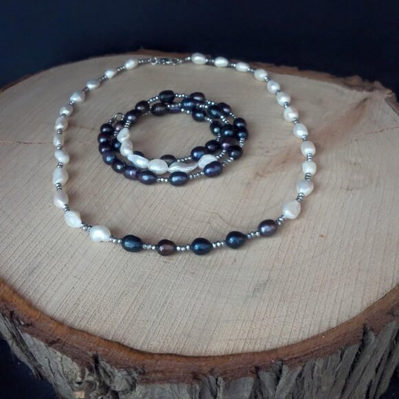 Mama Helen Jewelry - ✨ Mama Helen’s Handmade Freshwater Pearl Set – Dark Blue Necklace & Bracelet ✨